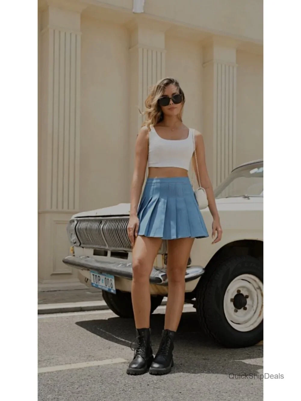 High Waisted Pleated Denim Mini Skirt A-Line Zipper